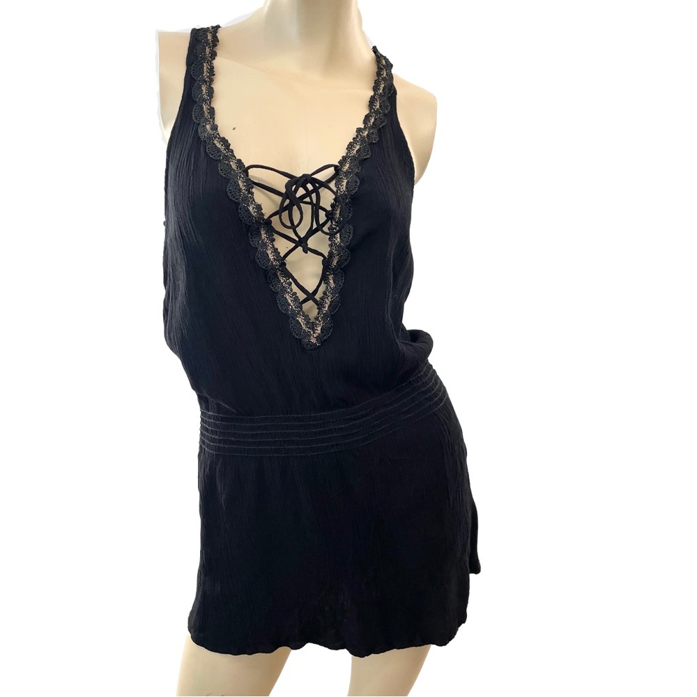 BECCA- Black Lace Up Coverup Swim Mini Dress- M